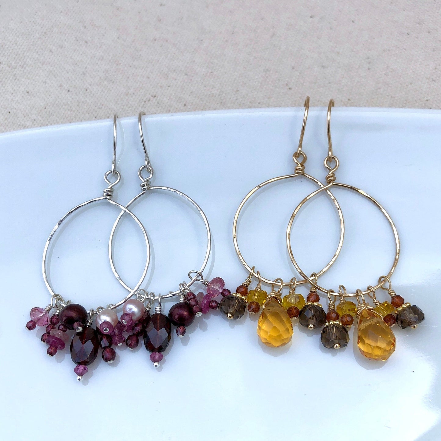 Citrine, Quartz, & Garnet Hoop Earrings, November Birthstone