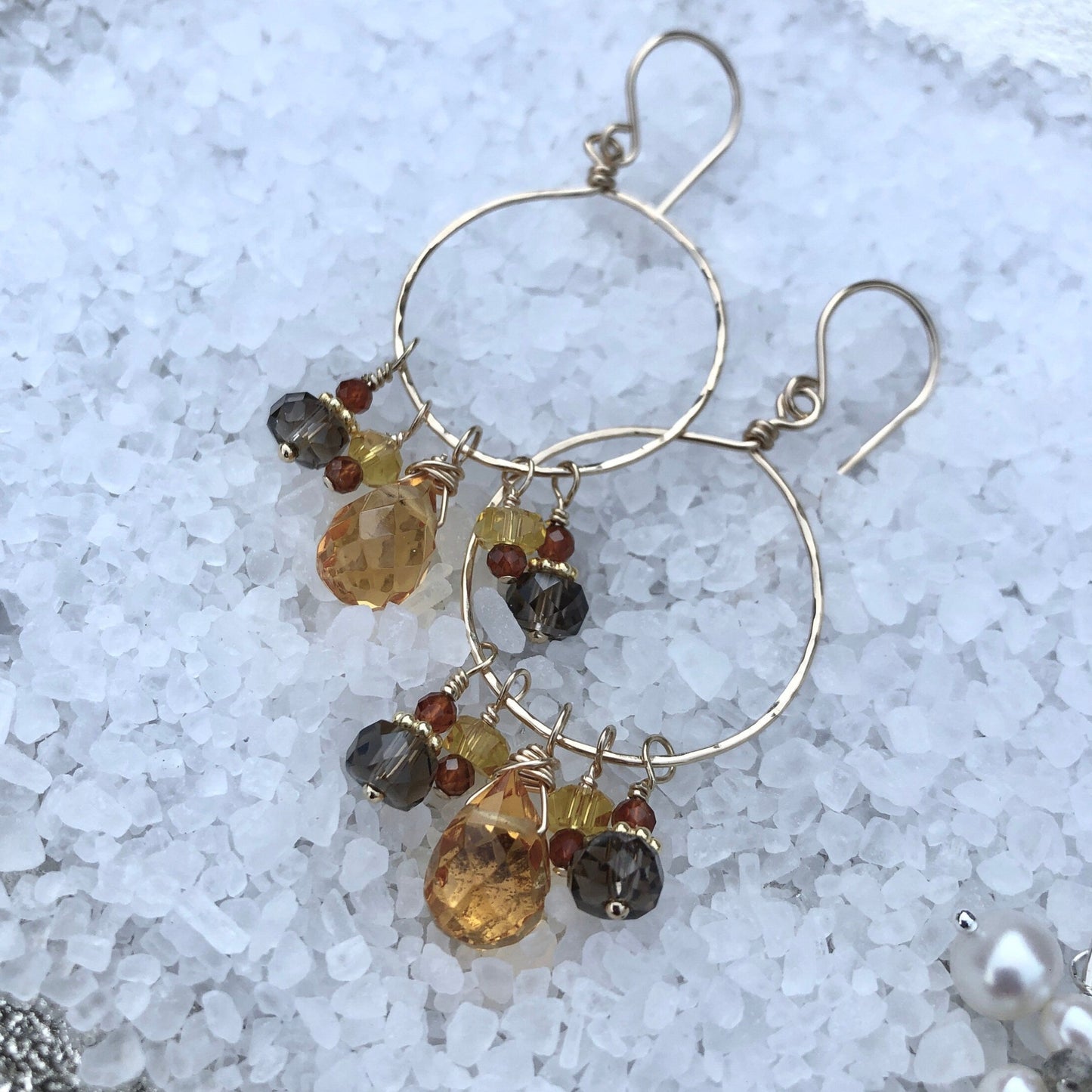 Citrine, Quartz, & Garnet Hoop Earrings, November Birthstone