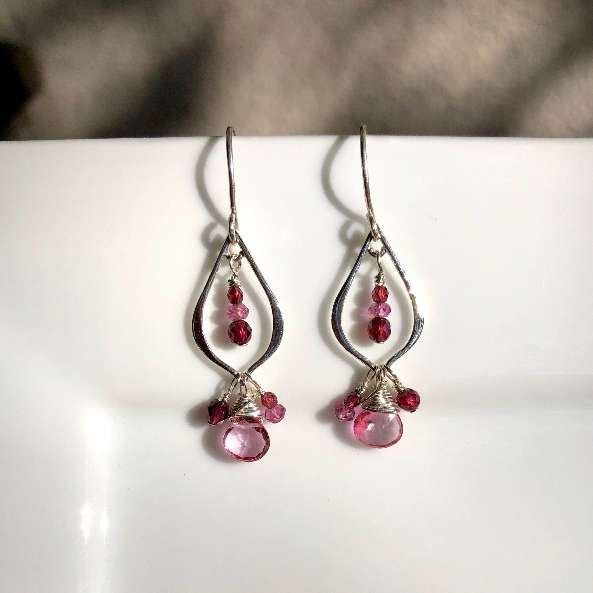 Pink Topaz & Garnet Arabesque Earrings, January Birthday