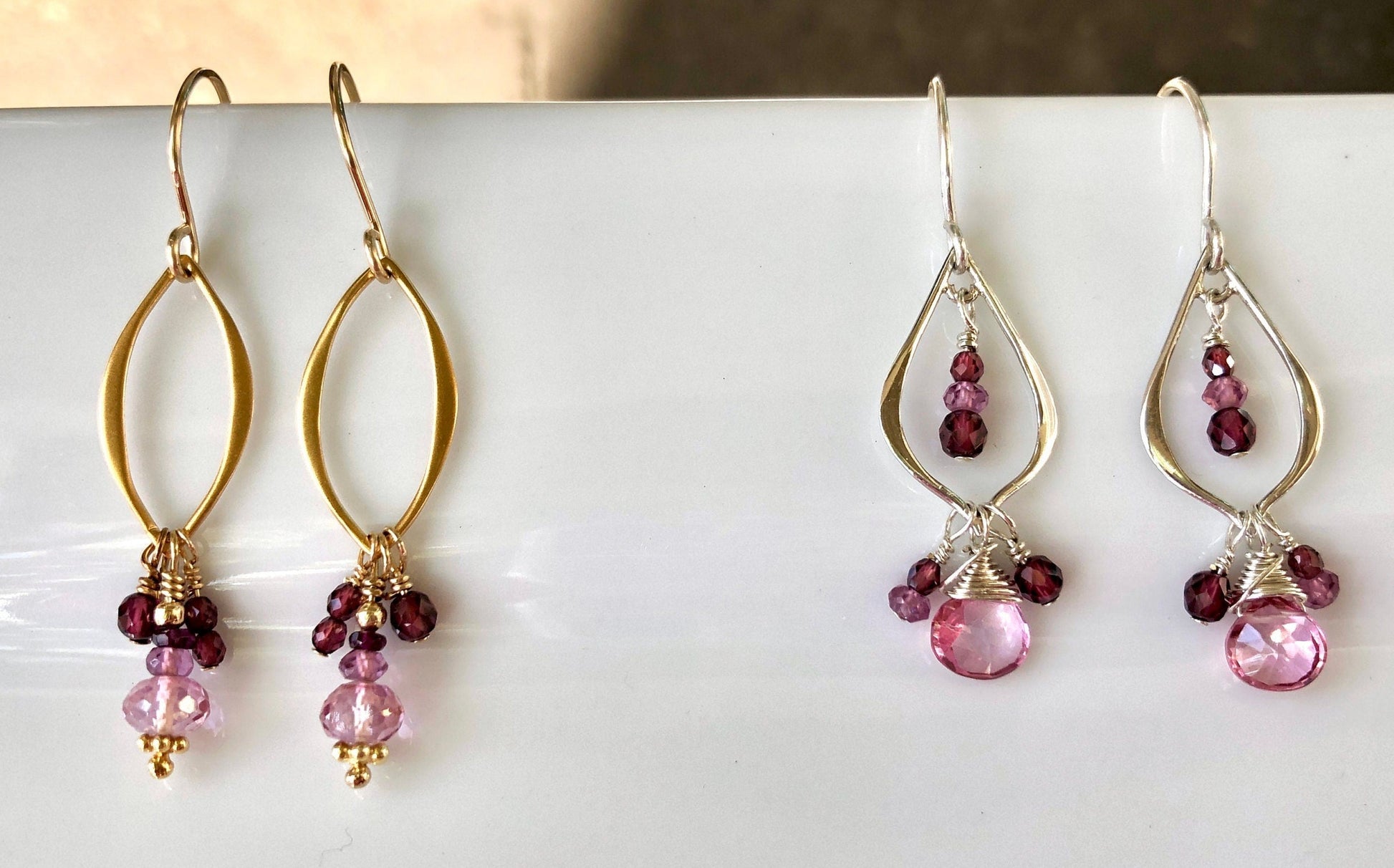 Pink Topaz & Garnet Arabesque Earrings, January Birthday