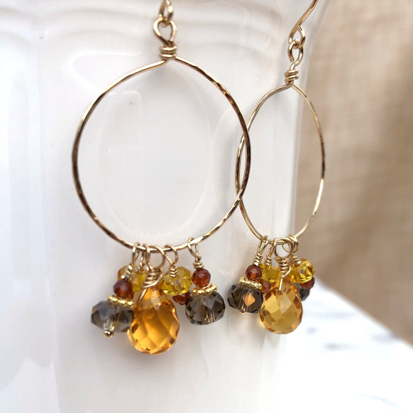 Citrine, Quartz, & Garnet Hoop Earrings, November Birthstone