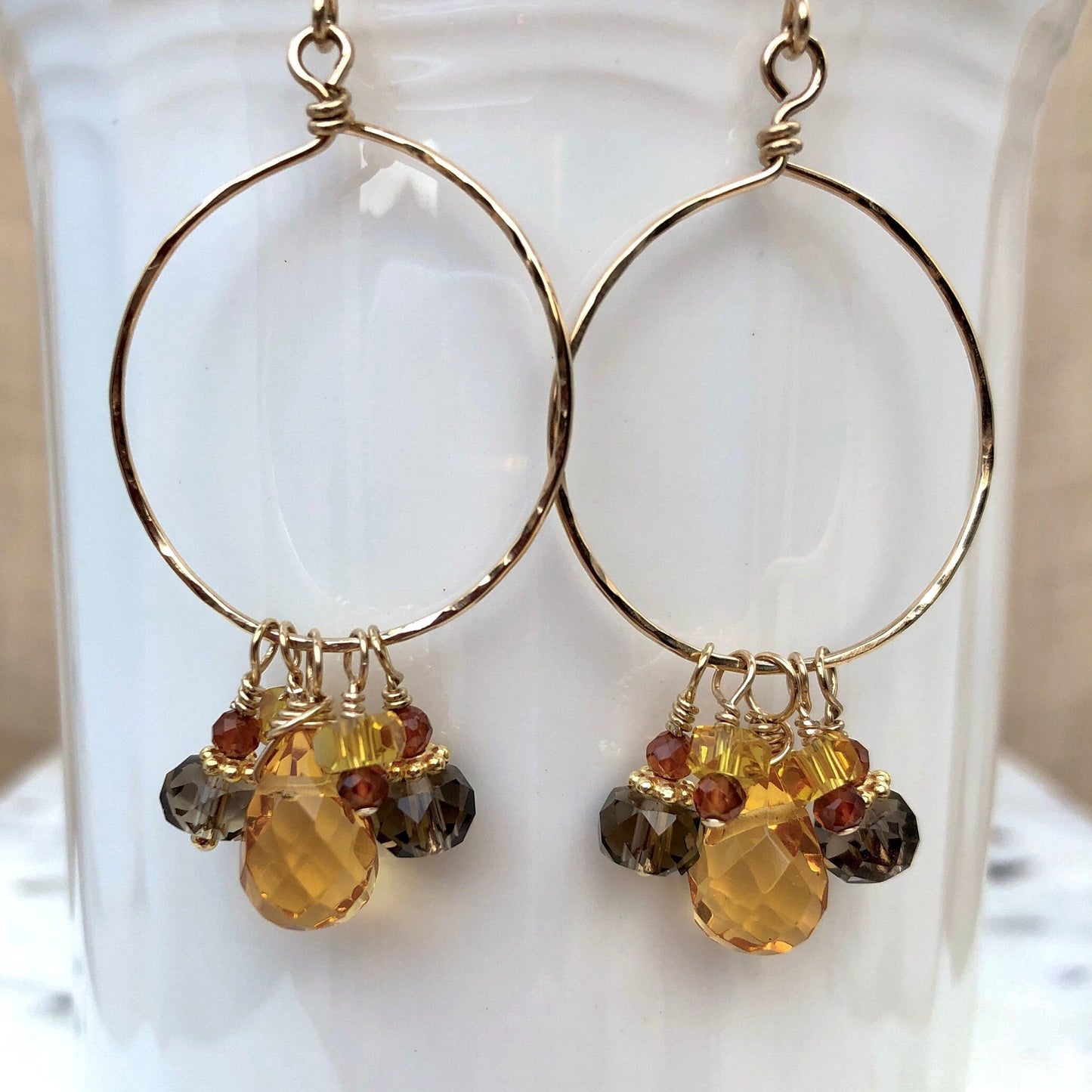 Citrine, Quartz, & Garnet Hoop Earrings, November Birthstone