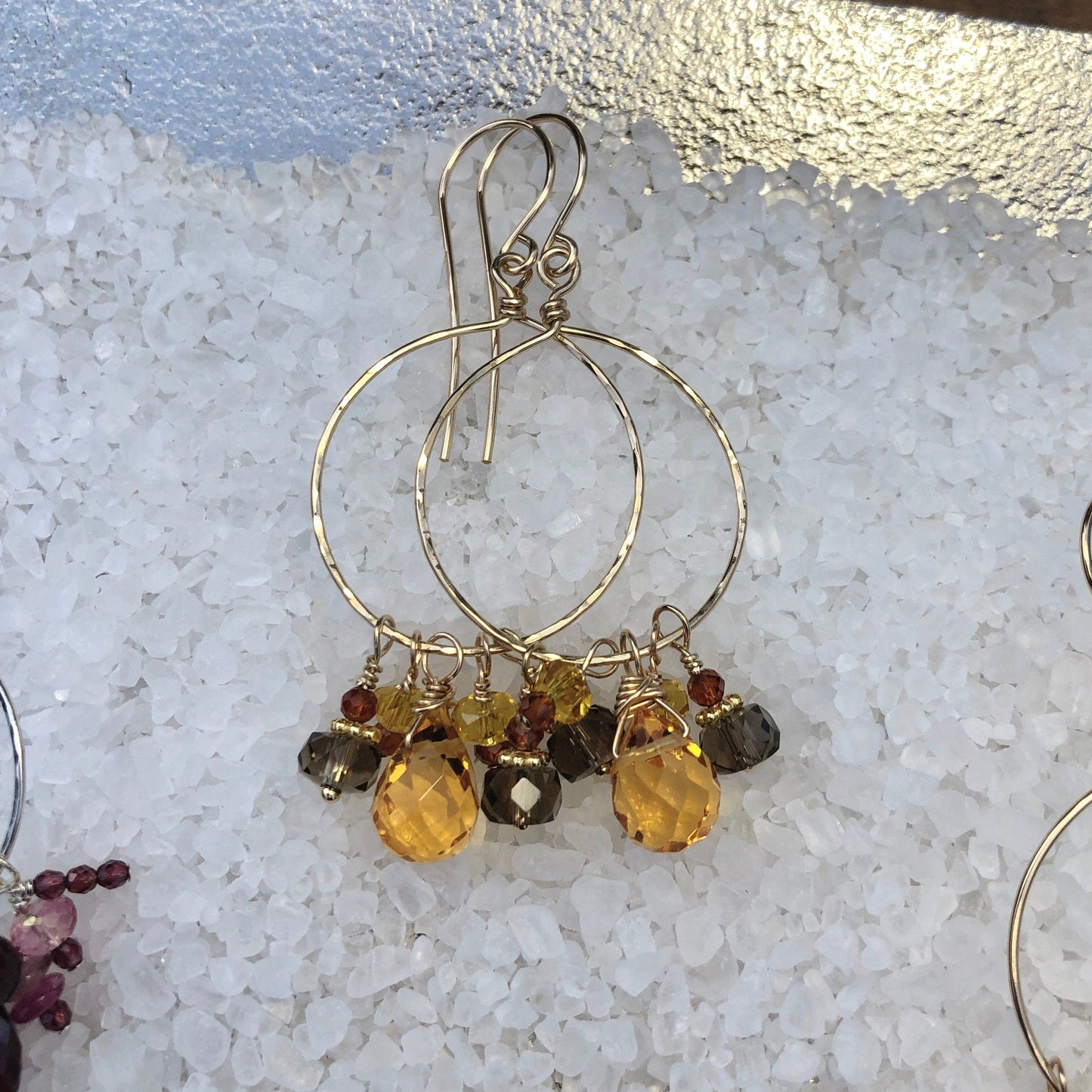 Citrine, Quartz, & Garnet Hoop Earrings, November Birthstone