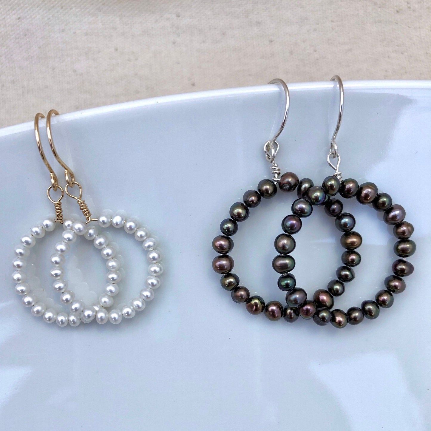 Gary or White Pearl Hoop Earrings