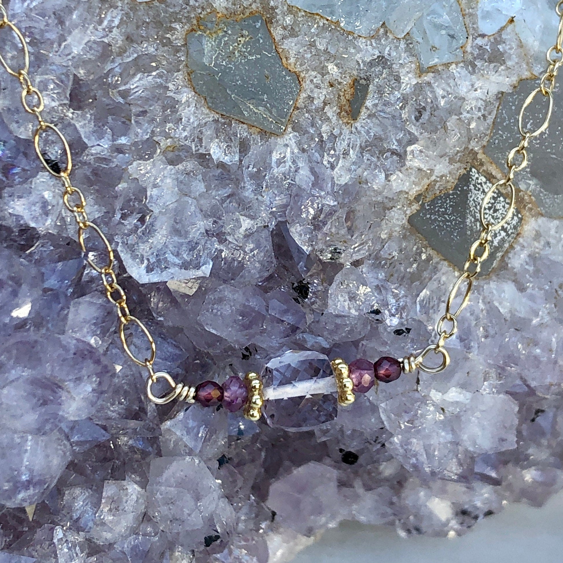 Pink Amethyst & Garnet Bar Necklace, February Birthstone