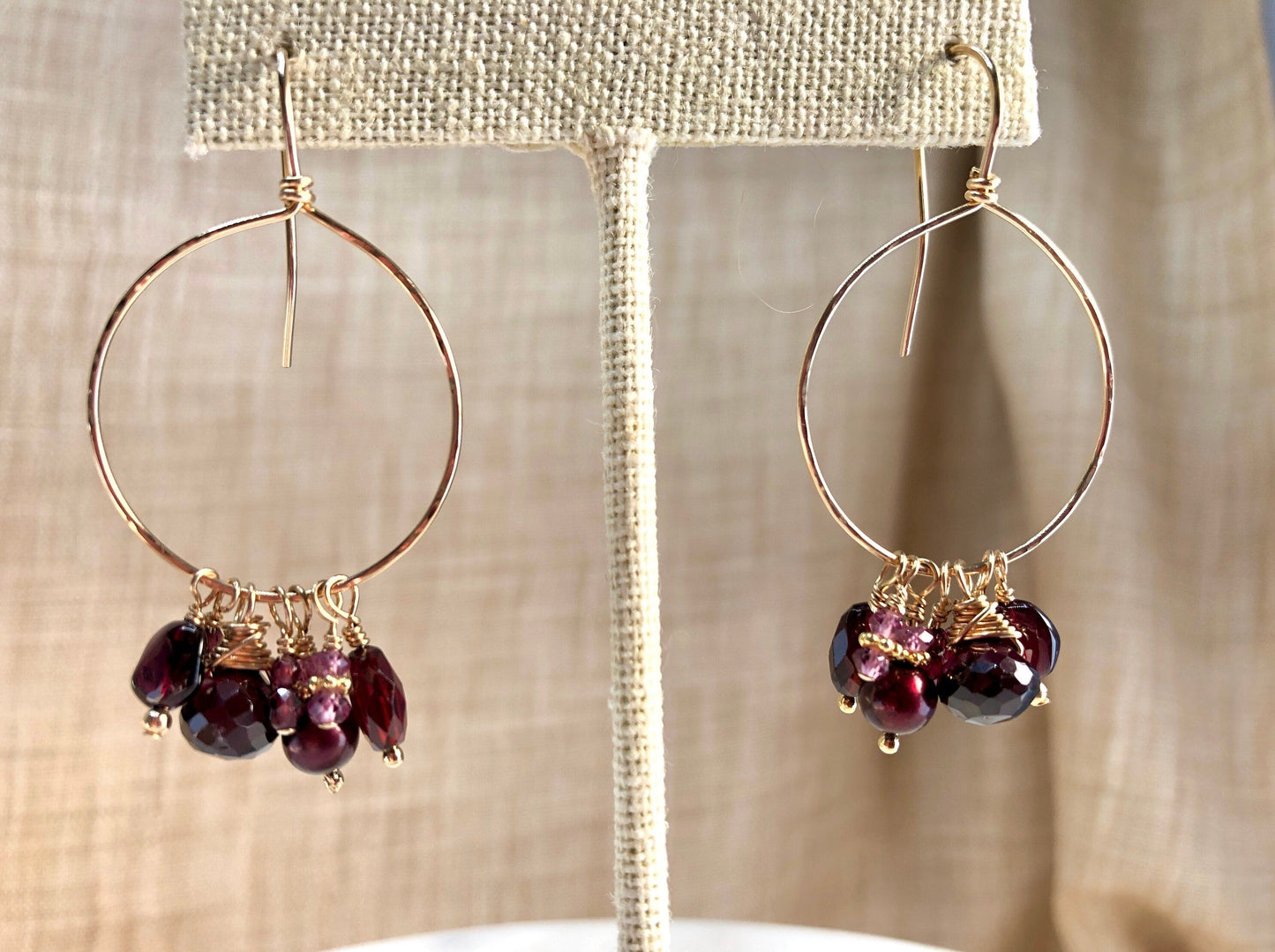 Garnet Dangle Hoop Earrings