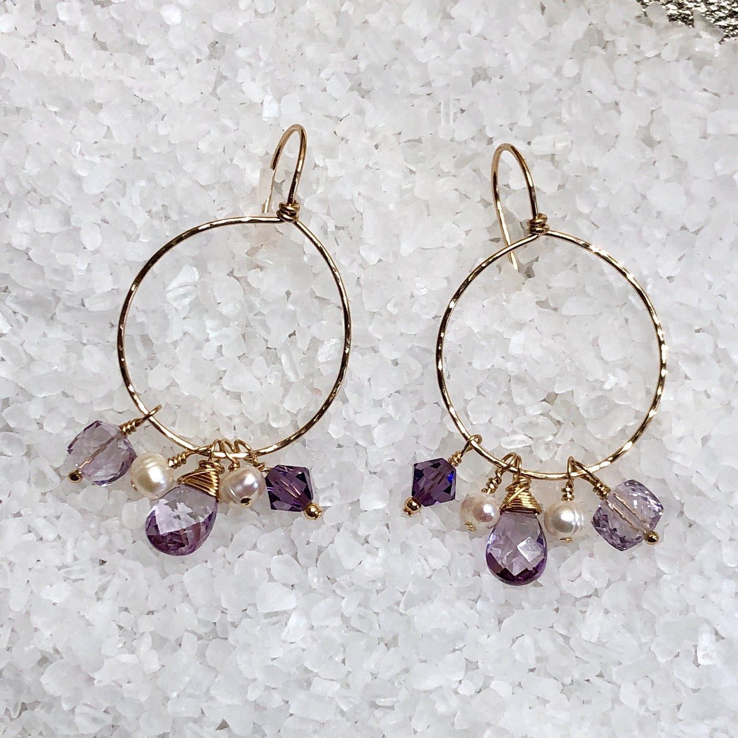 Amethyst and Pearl Dangle Hammered Hoops