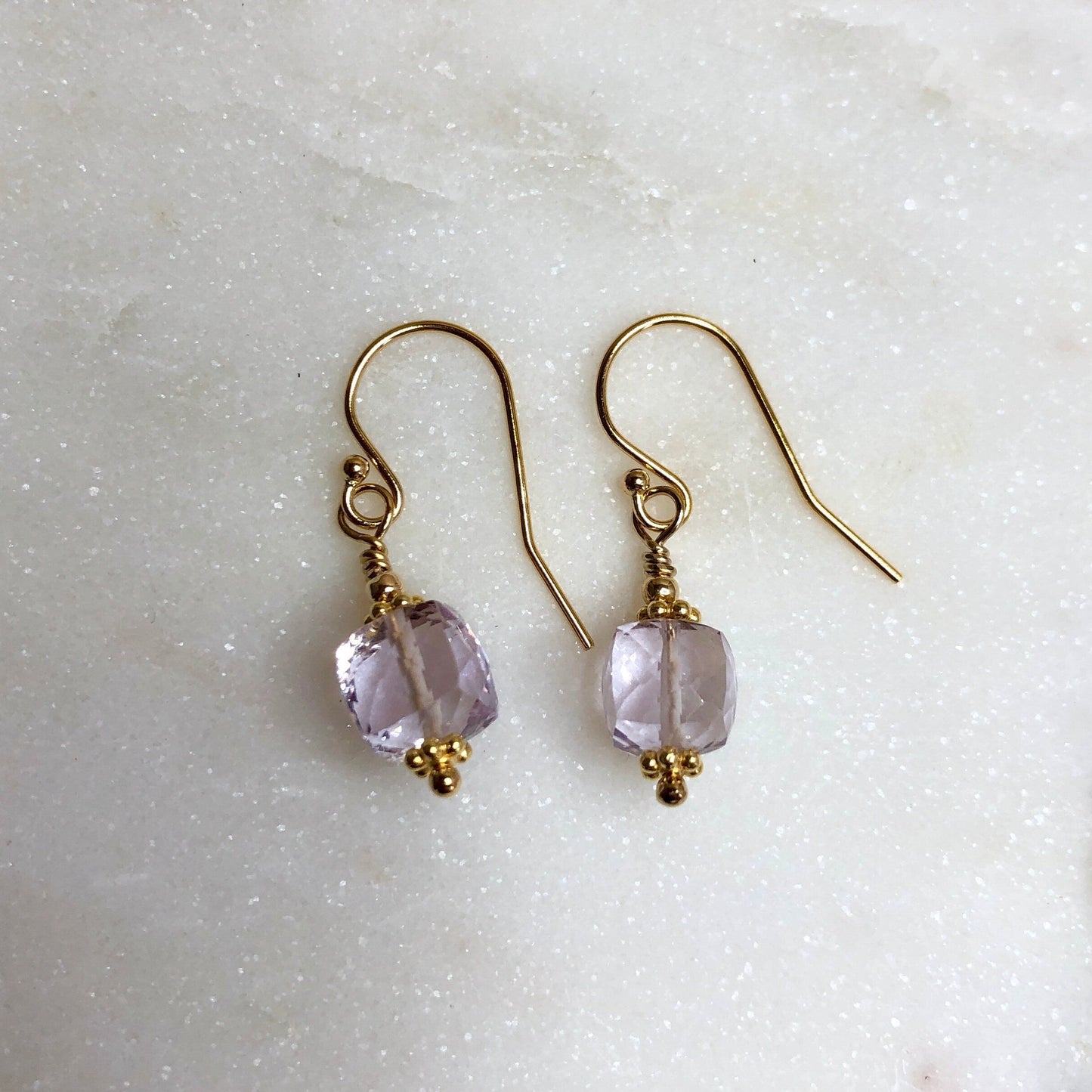 Pink Amethyst Faceted Cube Drop Earrings