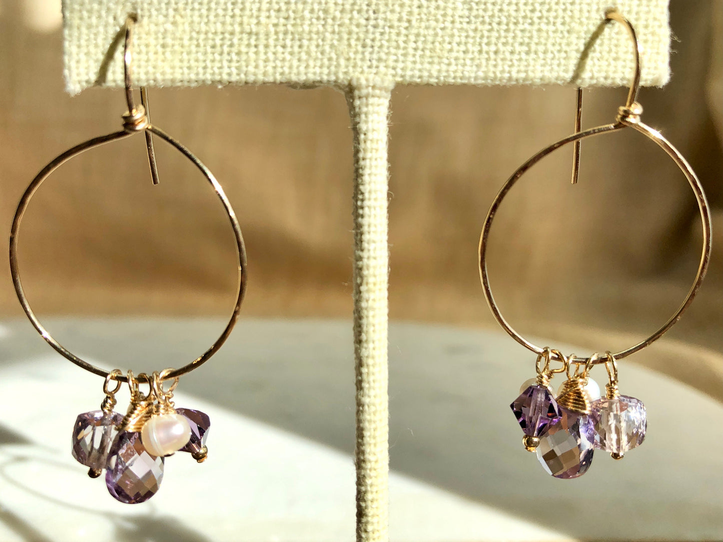 Amethyst and Pearl Dangle Hammered Hoops