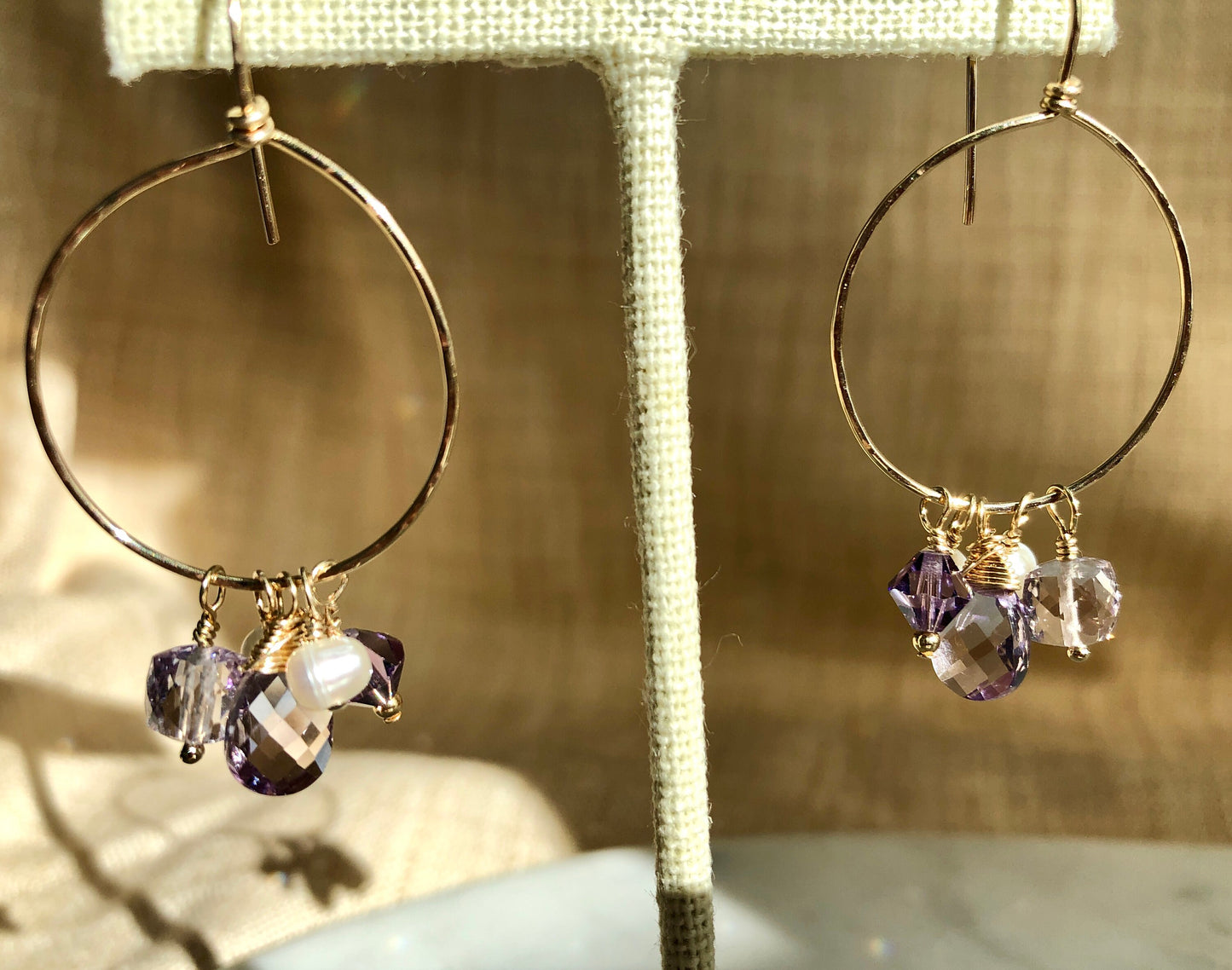 Amethyst and Pearl Dangle Hammered Hoops