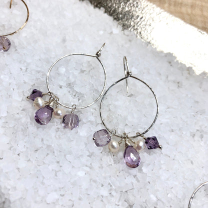 Amethyst and Pearl Dangle Sterling Hoops