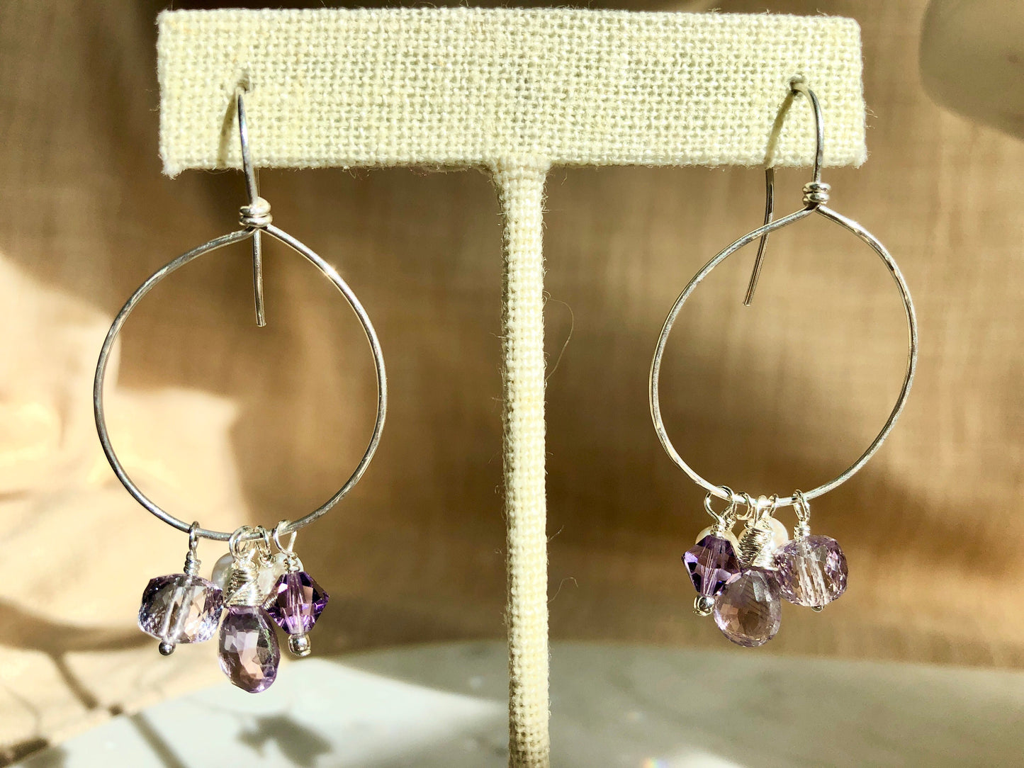 Amethyst and Pearl Dangle Sterling Hoops