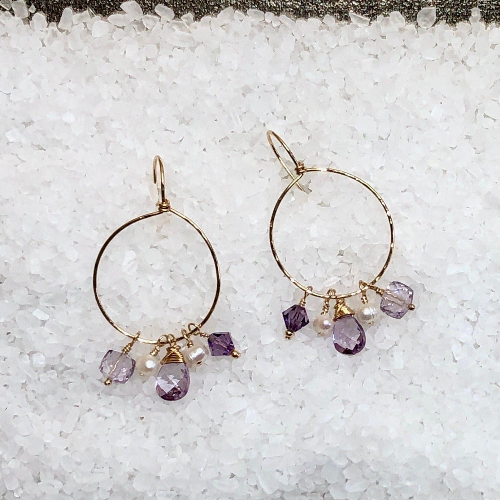 Amethyst and Pearl Dangle Hammered Hoops