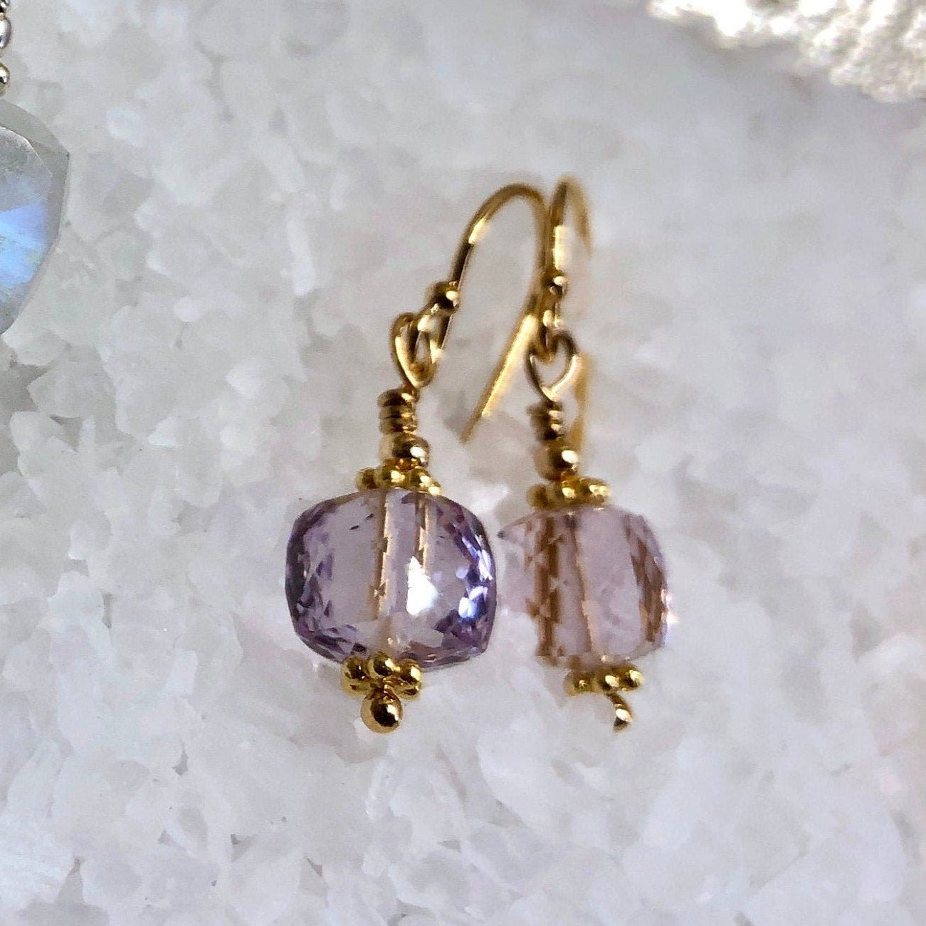 Pink Amethyst Faceted Cube Drop Earrings