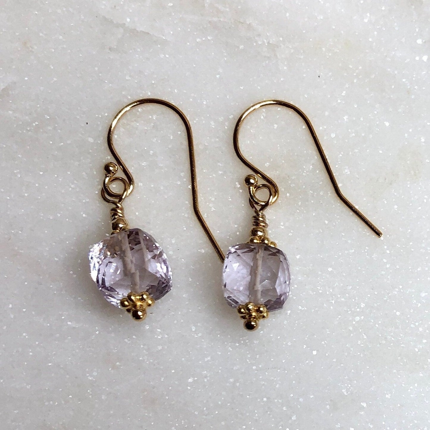 Pink Amethyst Faceted Cube Drop Earrings