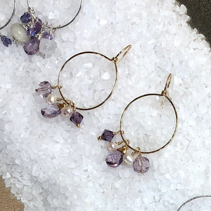 Amethyst and Pearl Dangle Hammered Hoops