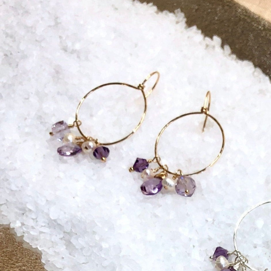 Amethyst and Pearl Dangle Hammered Hoops