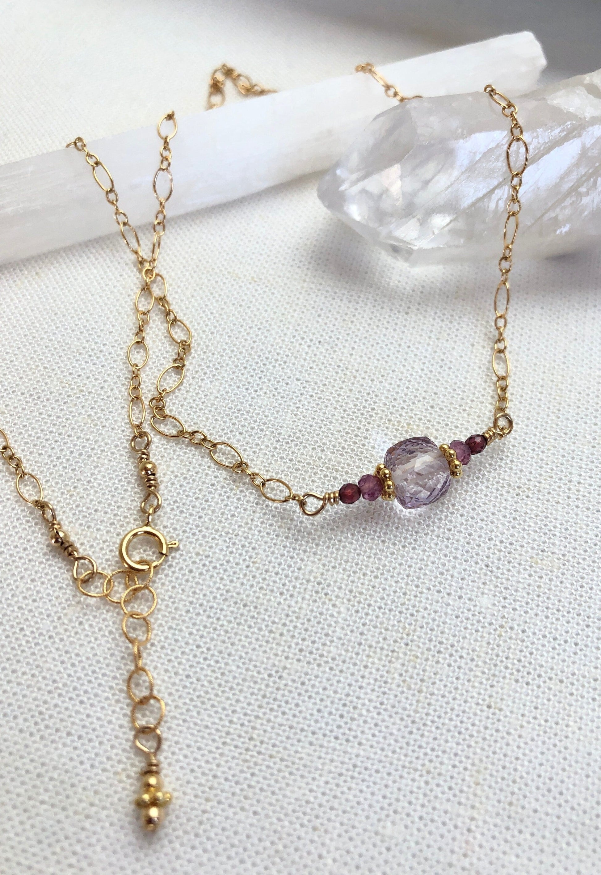 Pink Amethyst & Garnet Bar Necklace, February Birthstone