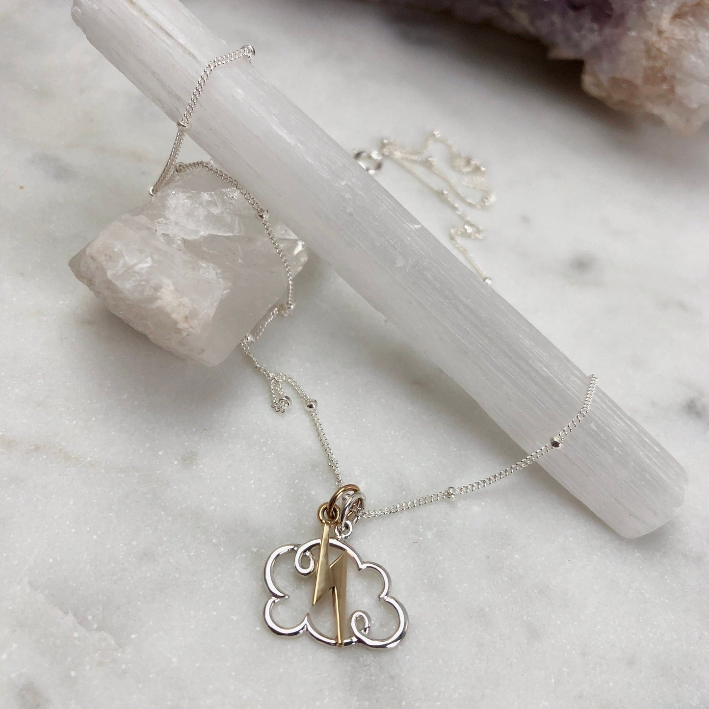 Fluffy Cloud & Lightening Charm Necklace, Sky Charm Necklace