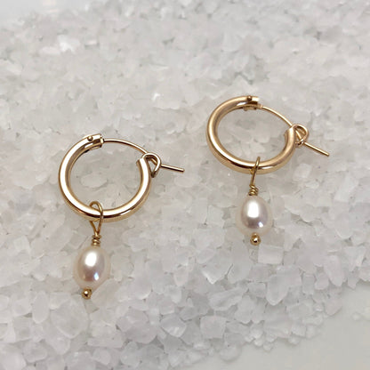 gold filled hoops with pearl dangle