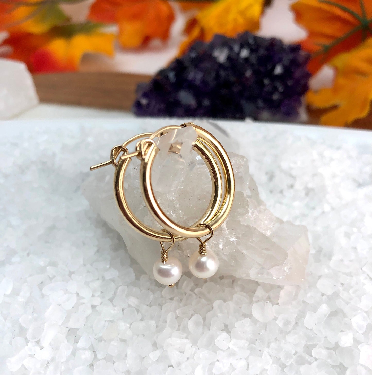 gold filled hoops with pearl dangle