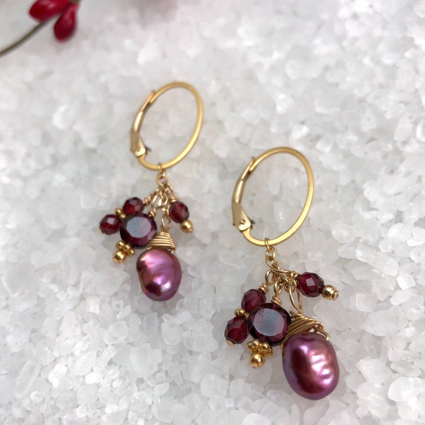 Raspberry Pearl & Garnet Waterfall Earrings