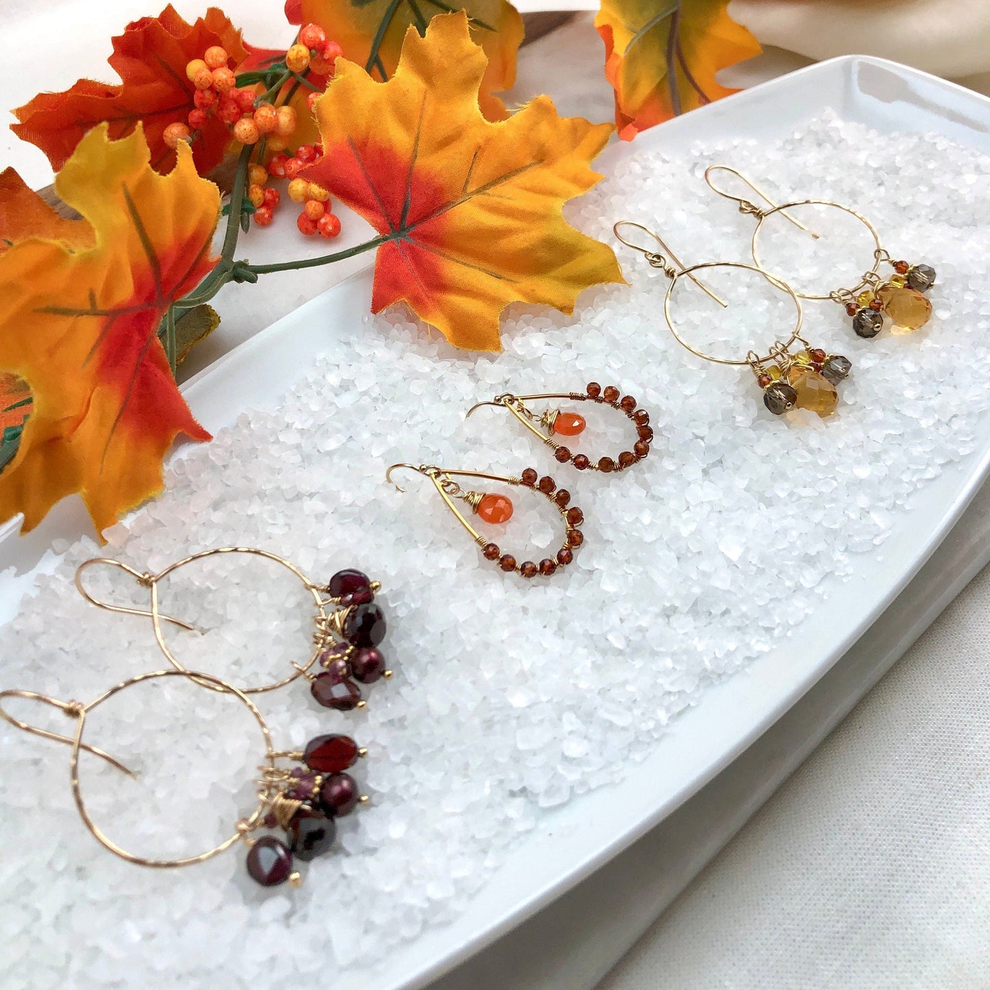 Citrine, Quartz, & Garnet Hoop Earrings, November Birthstone