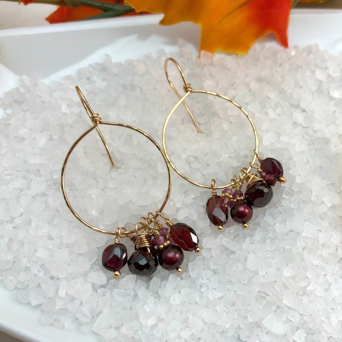 Garnet Dangle Hoop Earrings