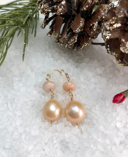 Pink Baroque Pearl and Rose Quartz Earrings, Peach Baroque Pearl and Peruvian Opal Earrings