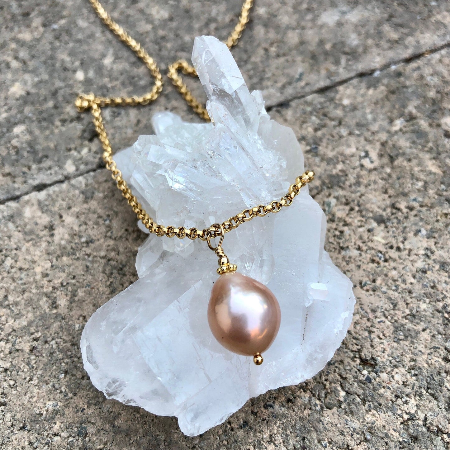 Peach Baroque Pearl Pendant Necklace on Gold Filled Rolo Chain