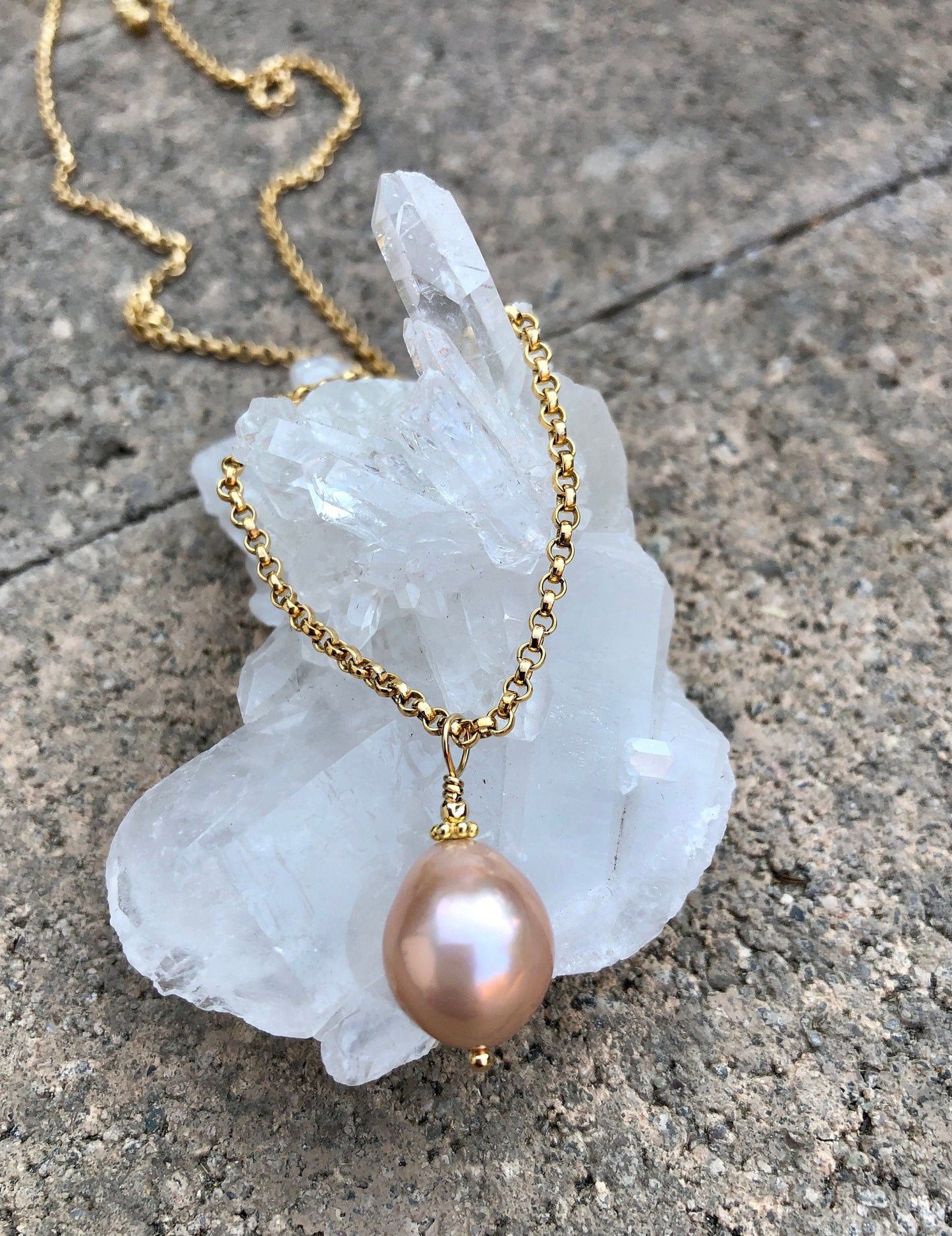 Peach Baroque Pearl Pendant Necklace on Gold Filled Rolo Chain
