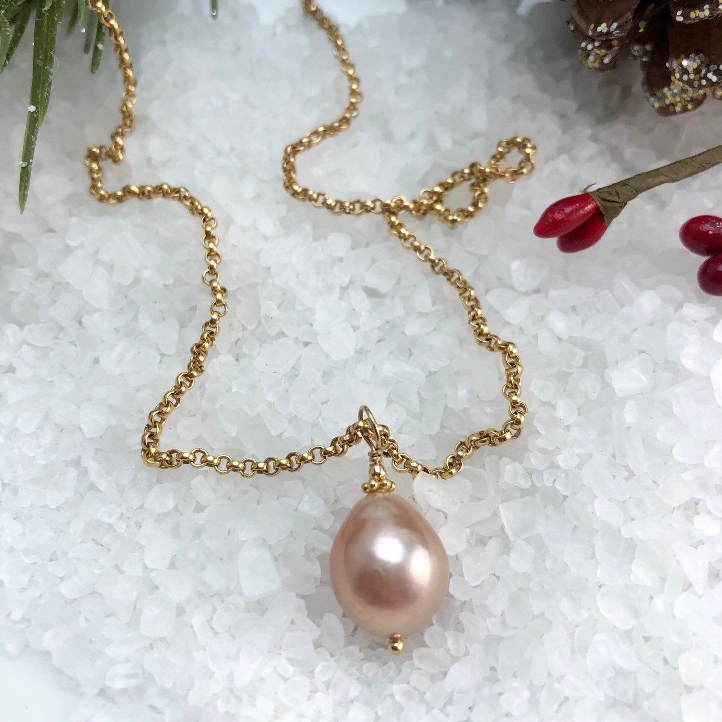 Peach Baroque Pearl Pendant Necklace on Gold Filled Rolo Chain