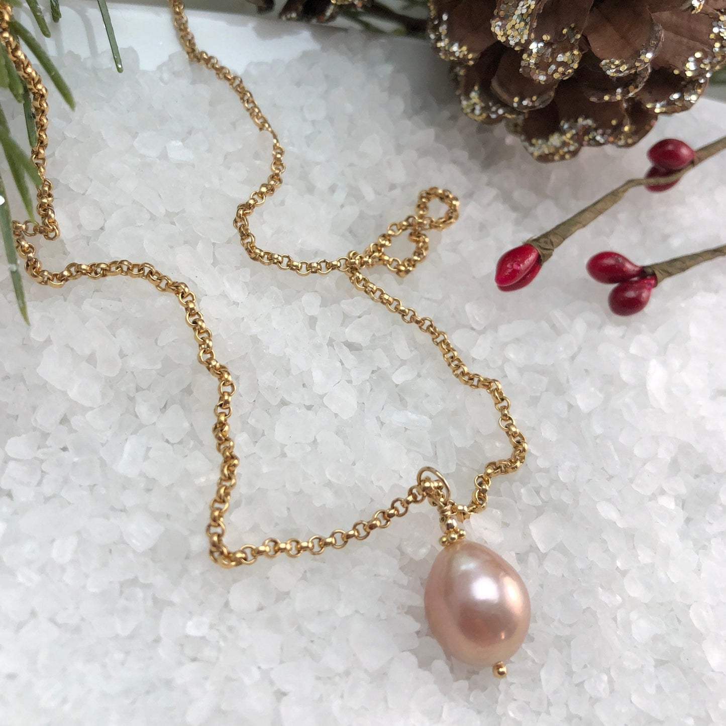 Peach Baroque Pearl Pendant Necklace on Gold Filled Rolo Chain