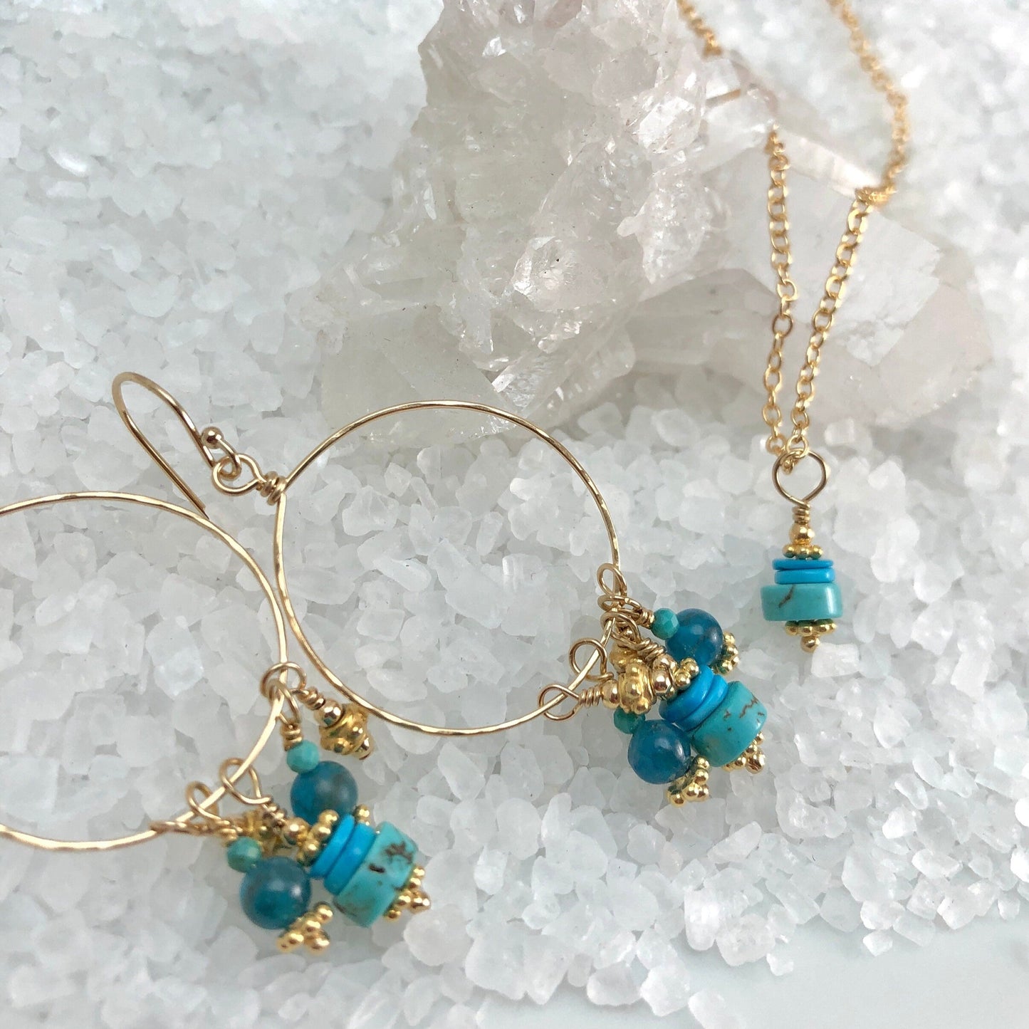 Turquoise & Apatite Dangle Hoop Earrings