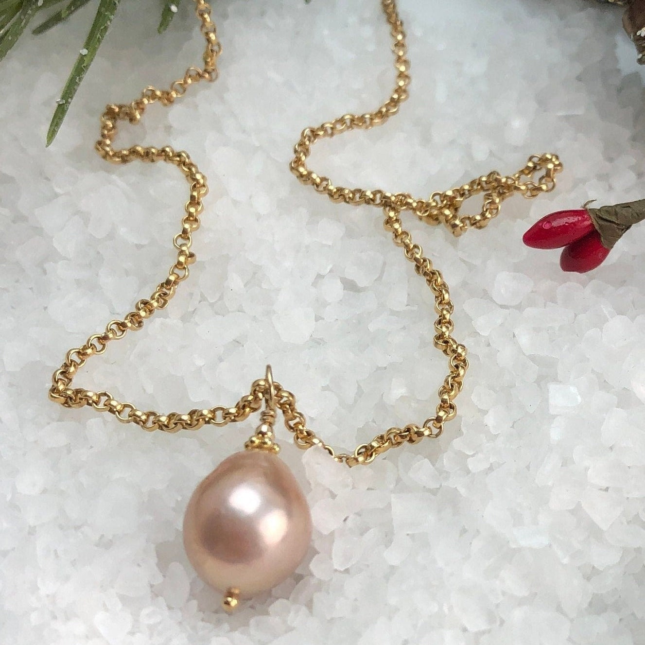 Peach Baroque Pearl Pendant Necklace on Gold Filled Rolo Chain