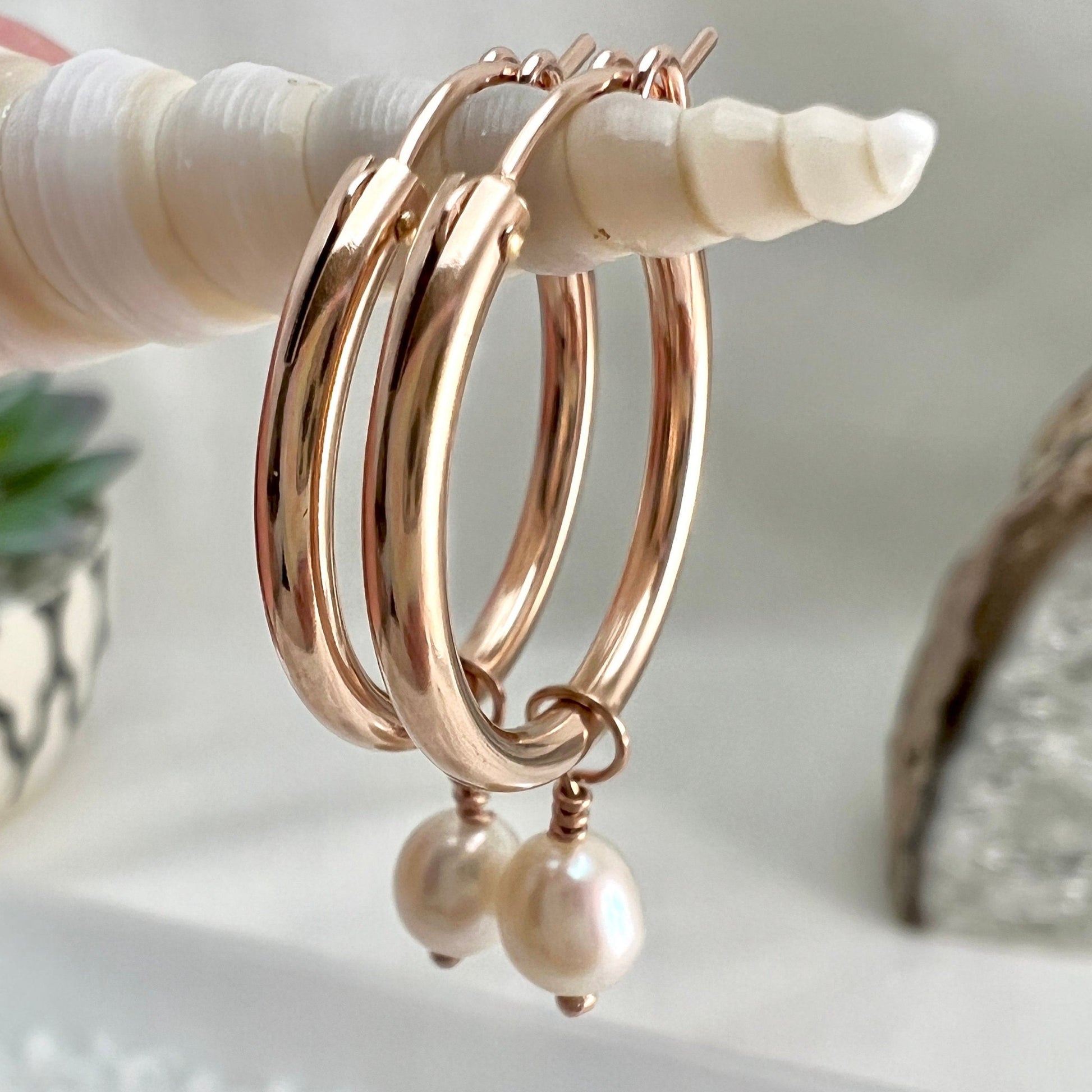 Rose Gold Filled Hoops with Pearl Dangle