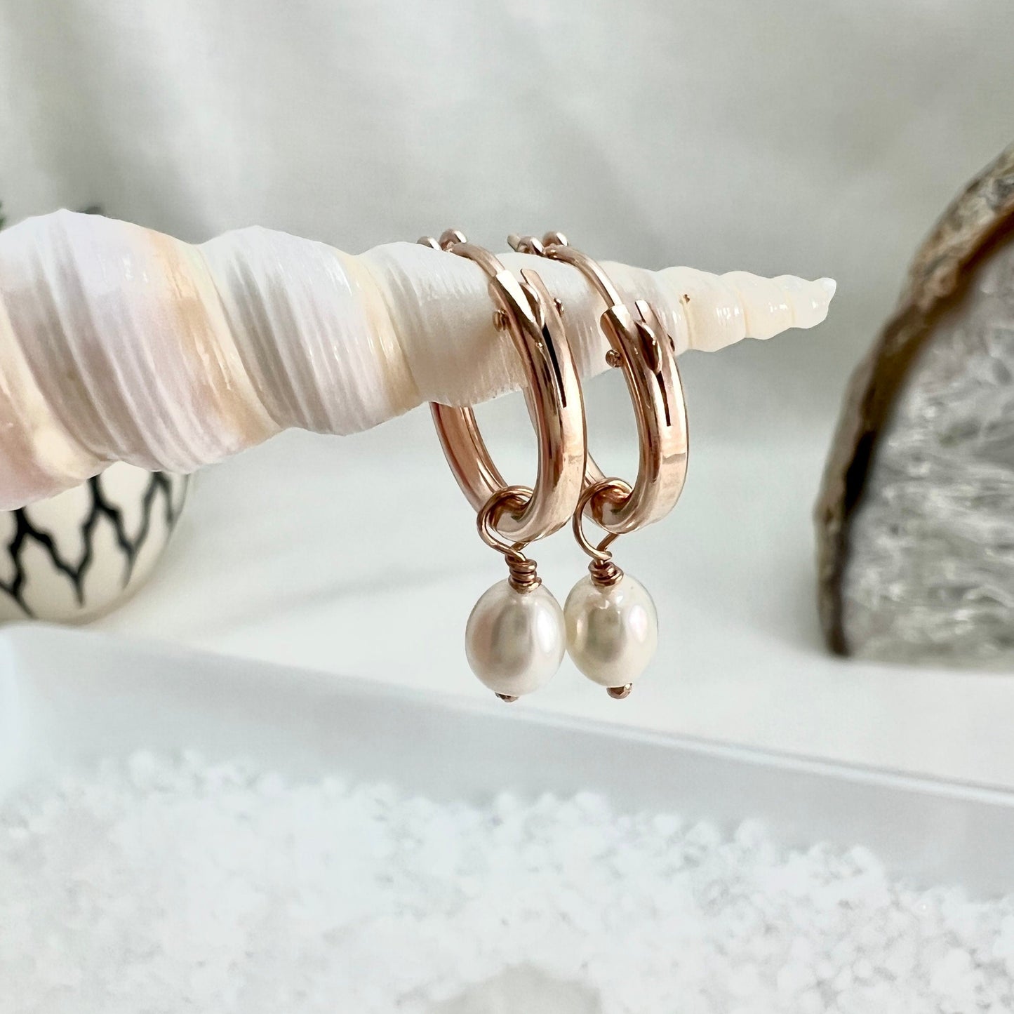 Rose Gold Filled Hoops with Pearl Dangle