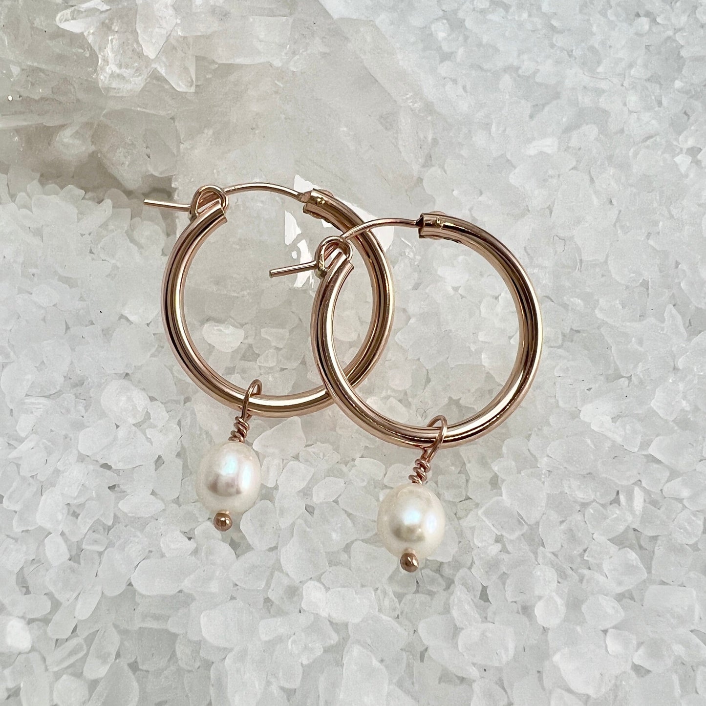 Rose Gold Filled Hoops with Pearl Dangle