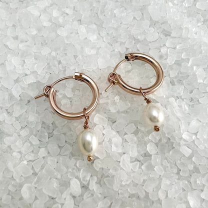 Rose Gold Filled Hoops with Pearl Dangle