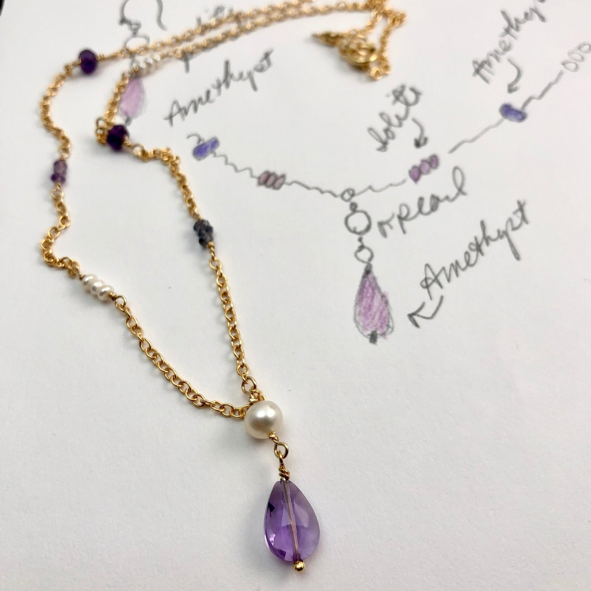 Amethyst and Pearl Drop Necklace