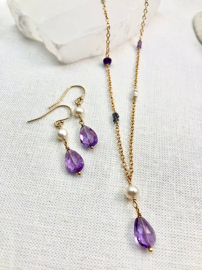 Amethyst and Pearl Drop Necklace