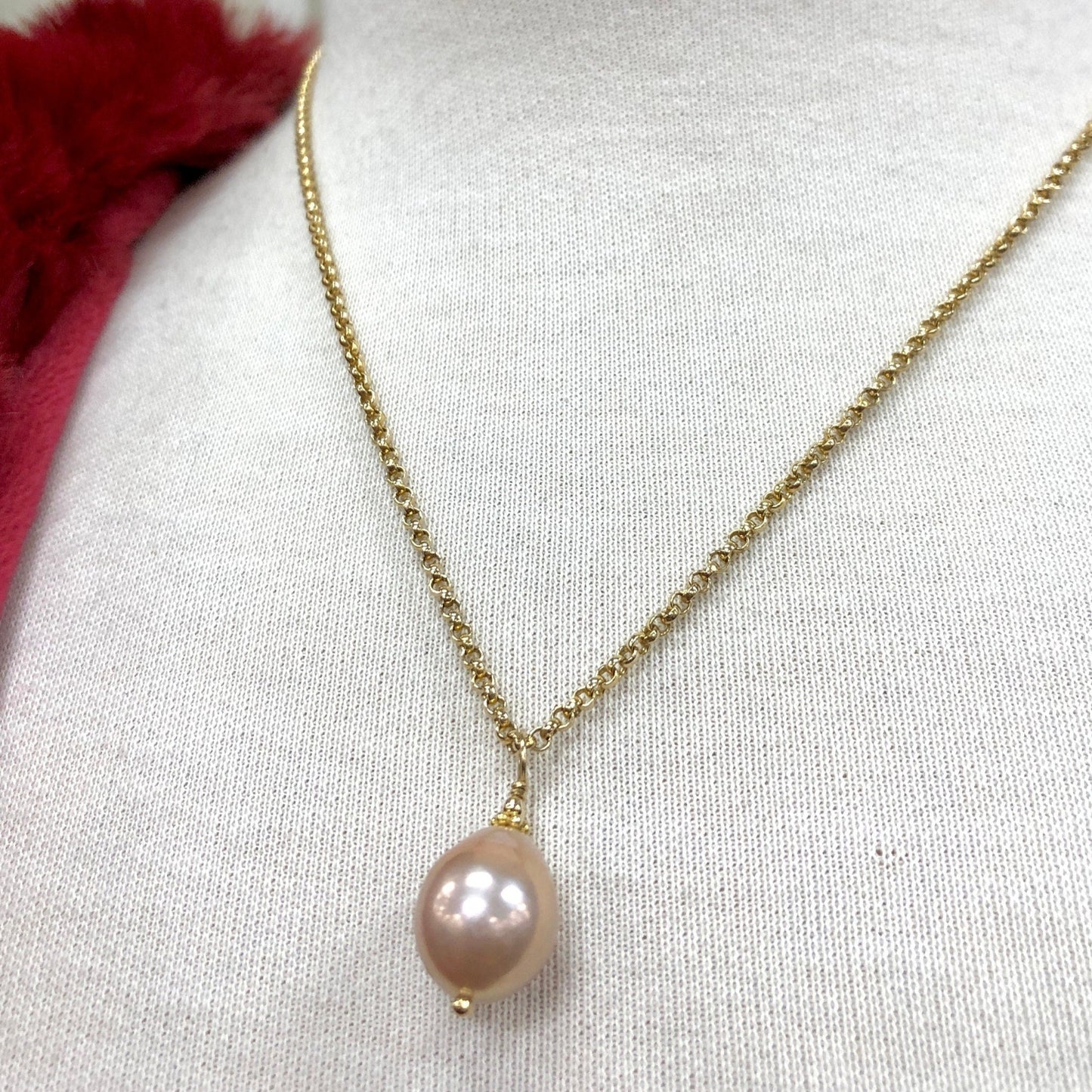 Peach Baroque Pearl Pendant Necklace on Gold Filled Rolo Chain