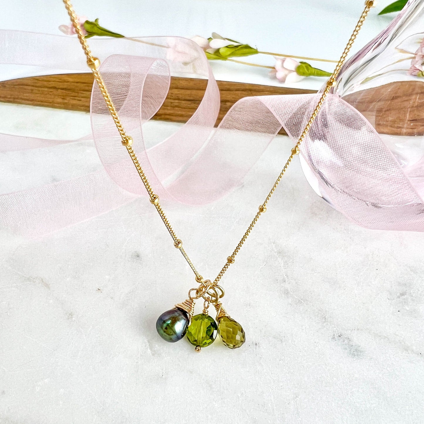 Peridot, Freshwater Pearl & Honey Quartz Charm Necklace, August Birthday Gift