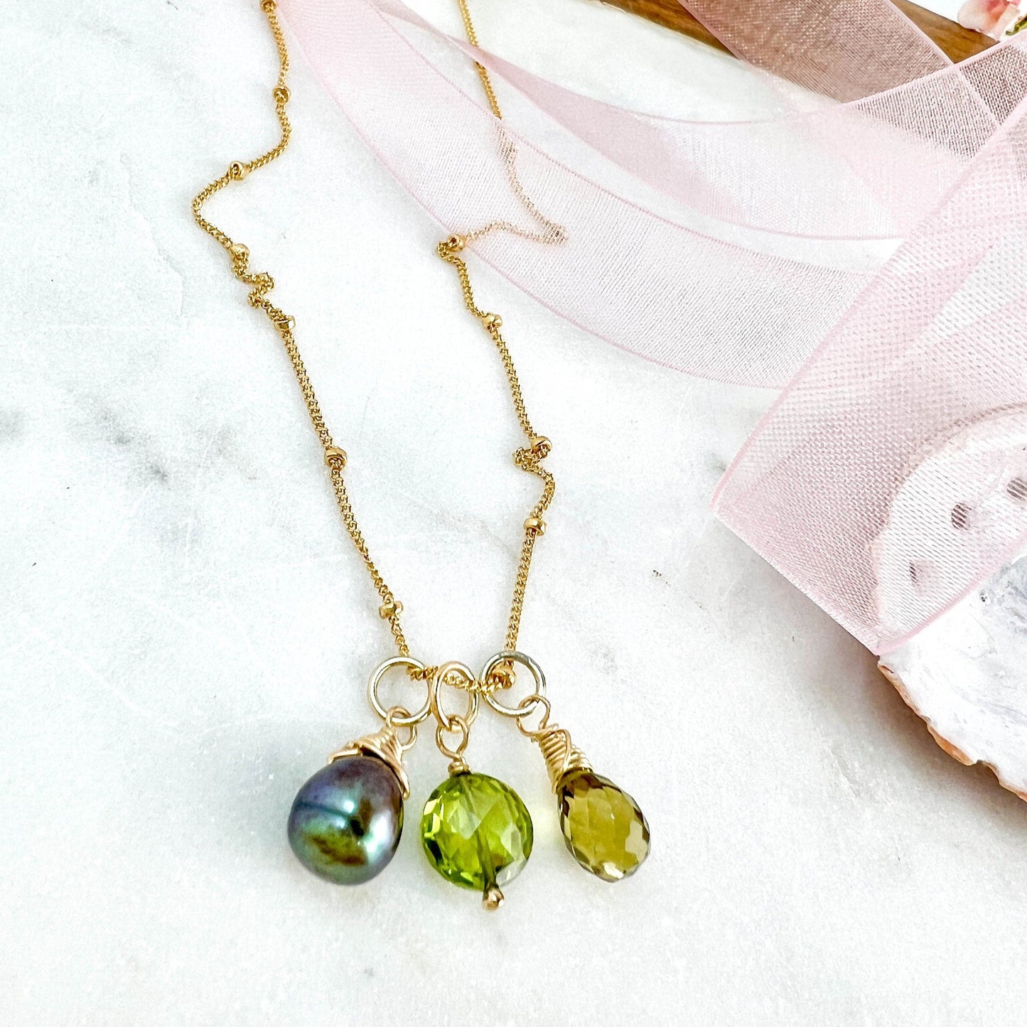 Peridot, Freshwater Pearl & Honey Quartz Charm Necklace, August Birthday Gift