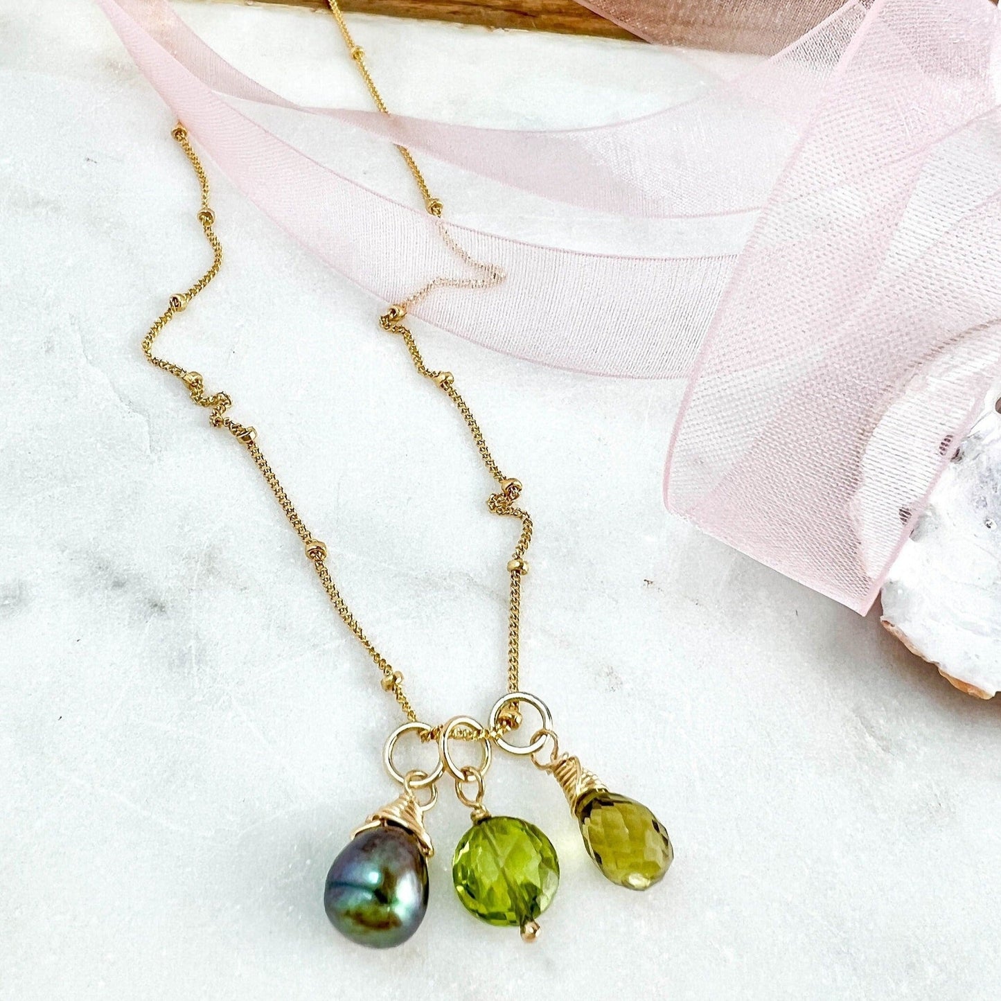 Peridot, Freshwater Pearl & Honey Quartz Charm Necklace, August Birthday Gift