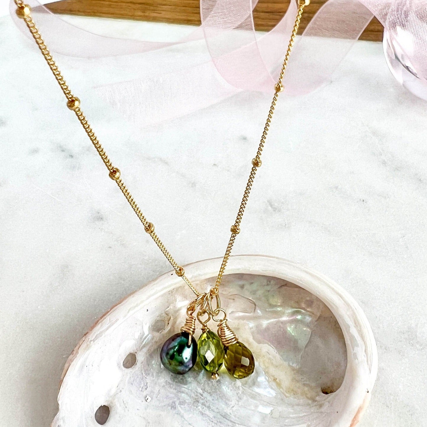 Peridot, Freshwater Pearl & Honey Quartz Charm Necklace, August Birthday Gift