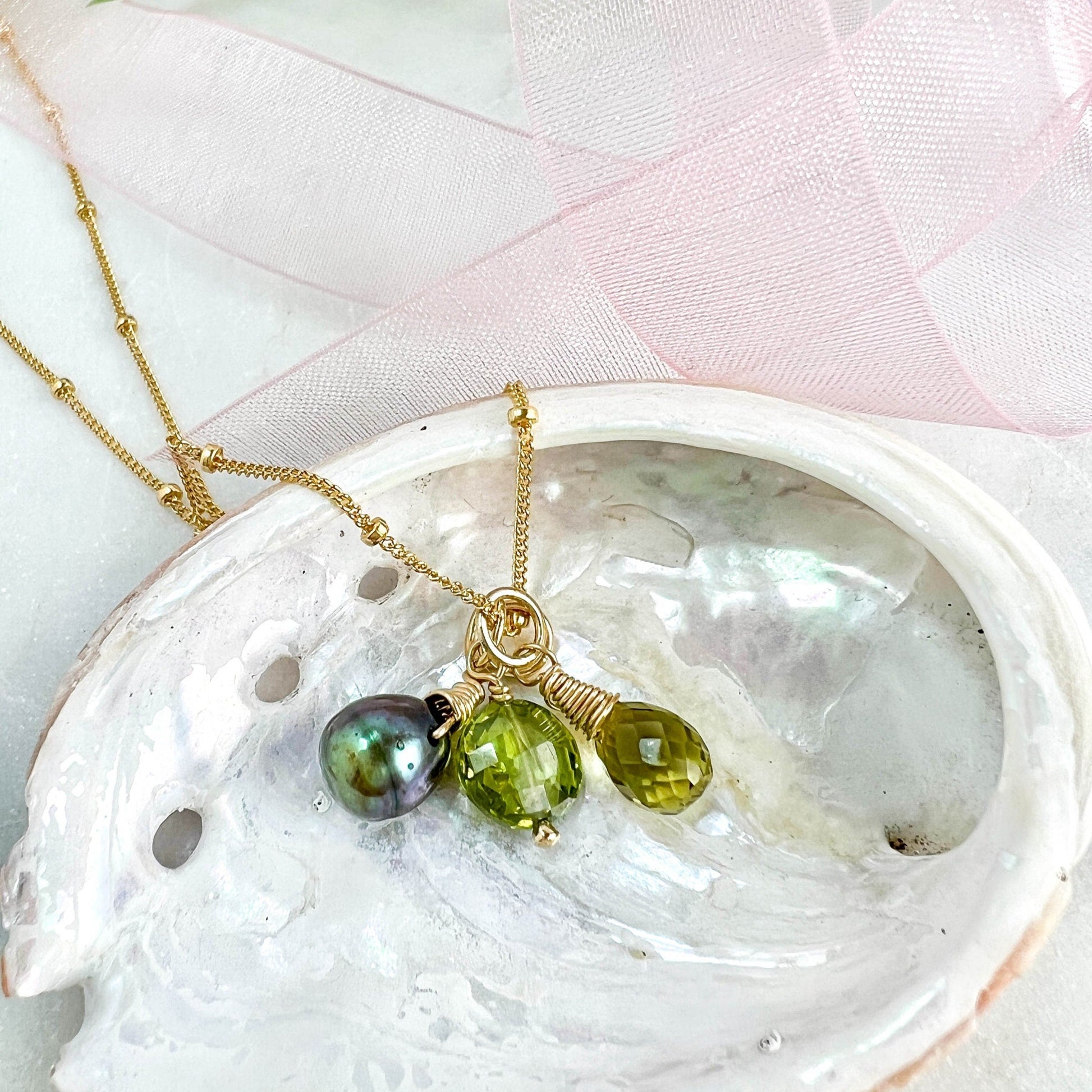 Peridot, Freshwater Pearl & Honey Quartz Charm Necklace, August Birthday Gift