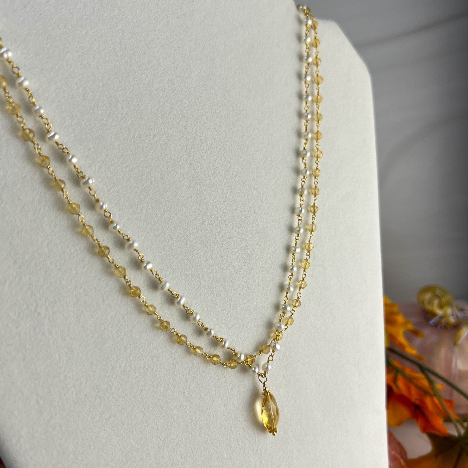 Citrine & Pearl Rosary Chain Necklace